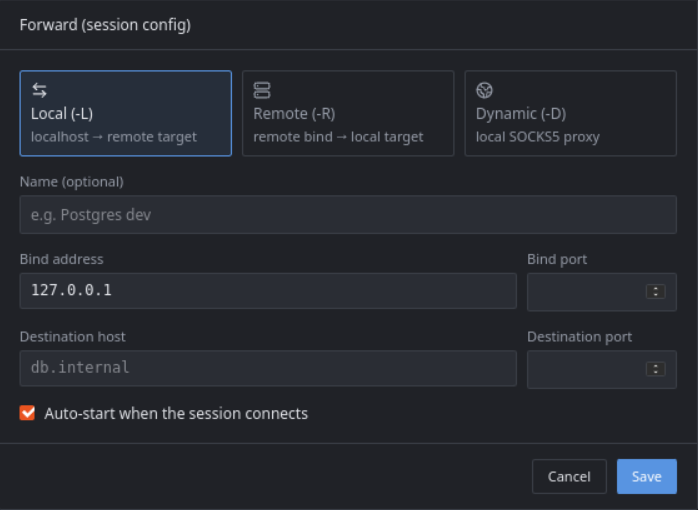 ezTerm port forwarding dialog — Local, Remote, and Dynamic SOCKS5 tunnel types