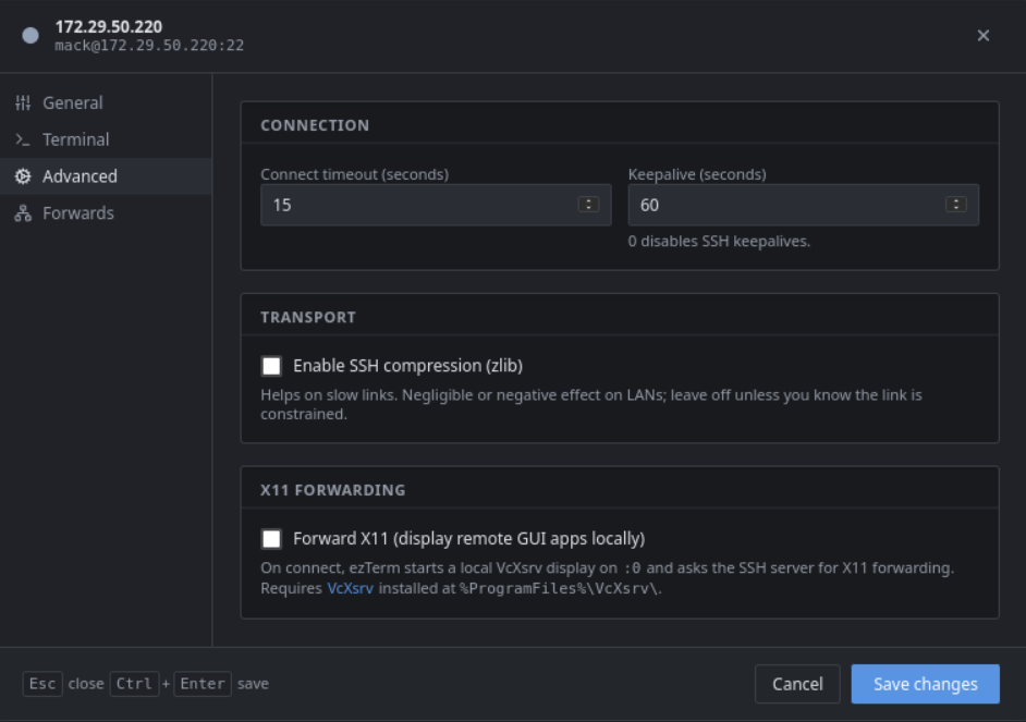 ezTerm session configuration, Advanced tab — keepalive, compression, X11 forwarding toggle
