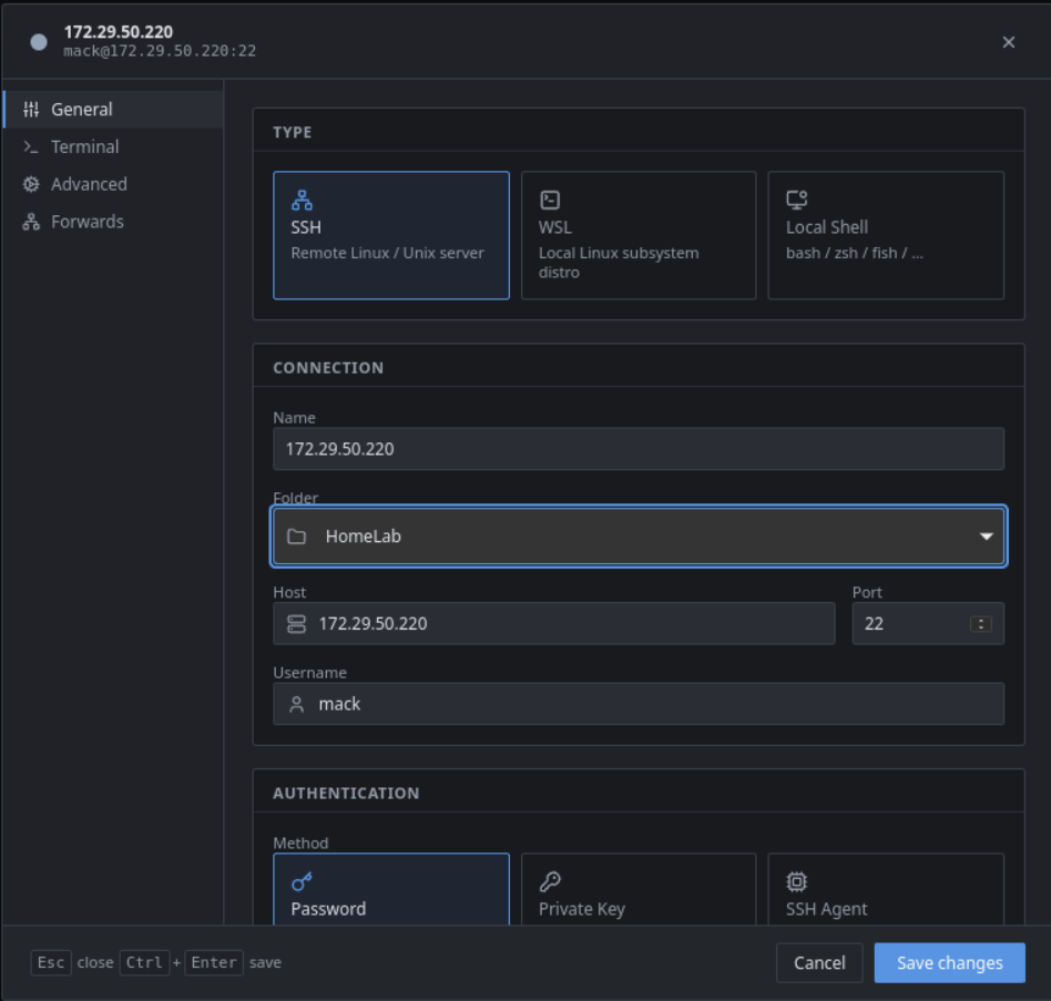 ezTerm session configuration dialog, General tab, showing SSH connection details