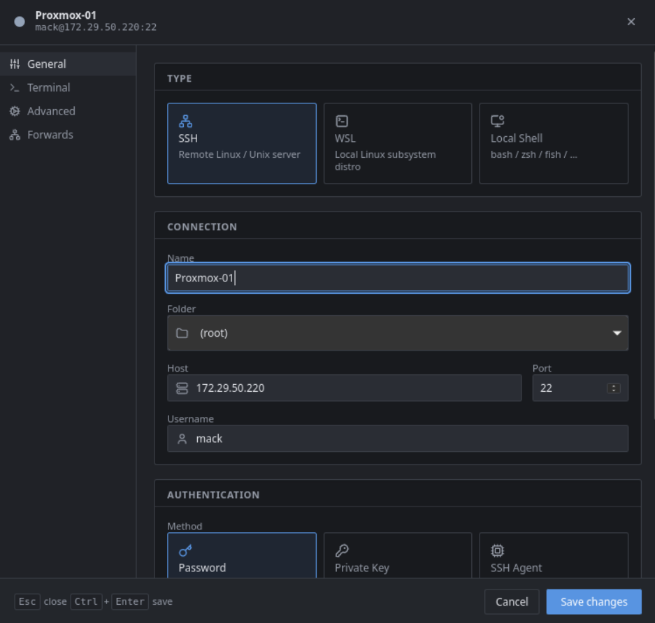 ezTerm new session dialog — creating a Proxmox-01 SSH session