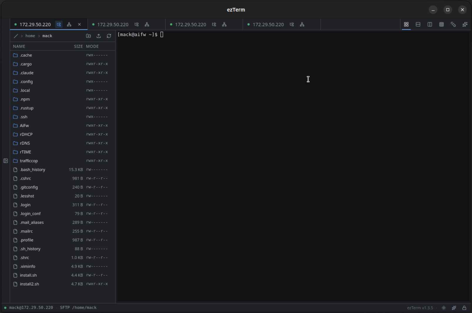 ezTerm SSH tab with the SFTP side-pane docked, browsing the remote home directory