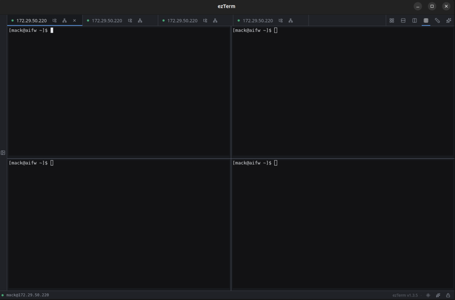 ezTerm window with four terminal panes arranged in a 2 by 2 grid layout